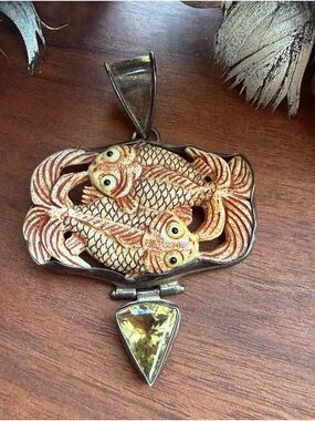 VTG Artisan Sterling Silver Hand-Carved Bone Double Koi Fish Citrine Pendant